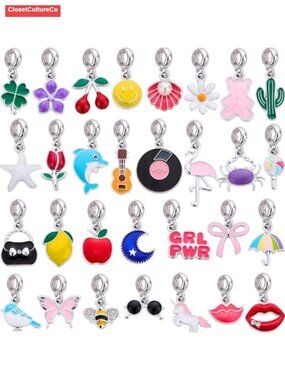 30 Large Hole Bracelet Charms Silver Tone Metal Dangle Pendants Jewelry Making